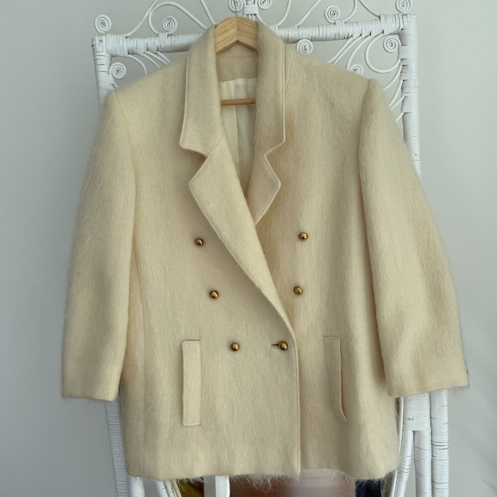 Vintage Fuzzy Mohair Coat Womens M/L Cream Double Breasted Military USA Made 80s - Picture 4 of 10